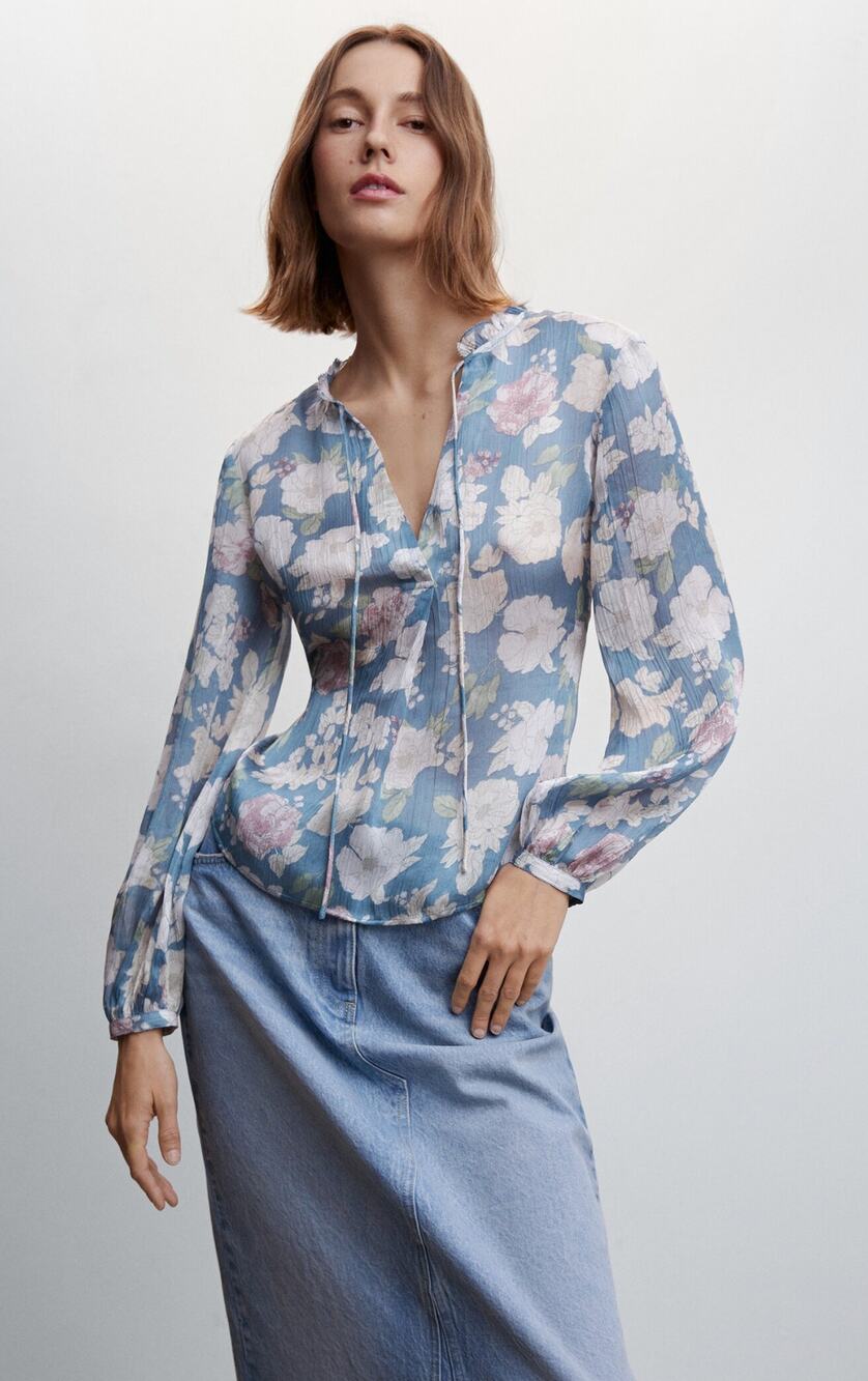 MNG Mango Floral Tie Long Sleeve Blouse Womens Size 10 Blue New Sheer